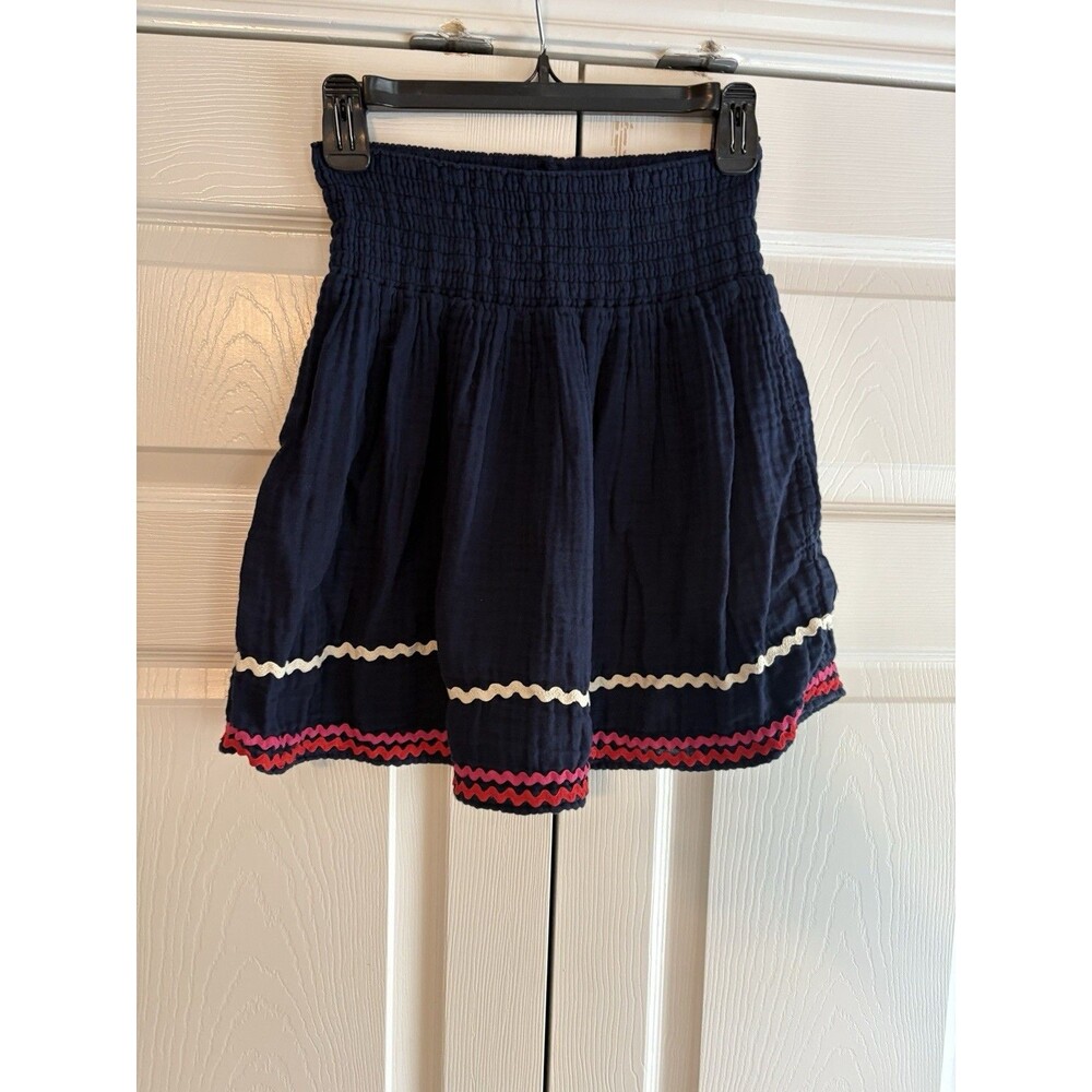 Michael Stars Navy Smocked Mini Skirt XS Cotton USA Pink Trim Boho